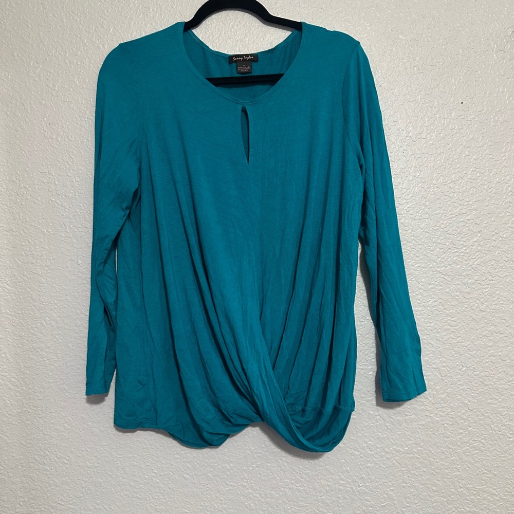 Sunny Taylor Teal Twist Front Keyhole Long Sleeve Top Large USA Made